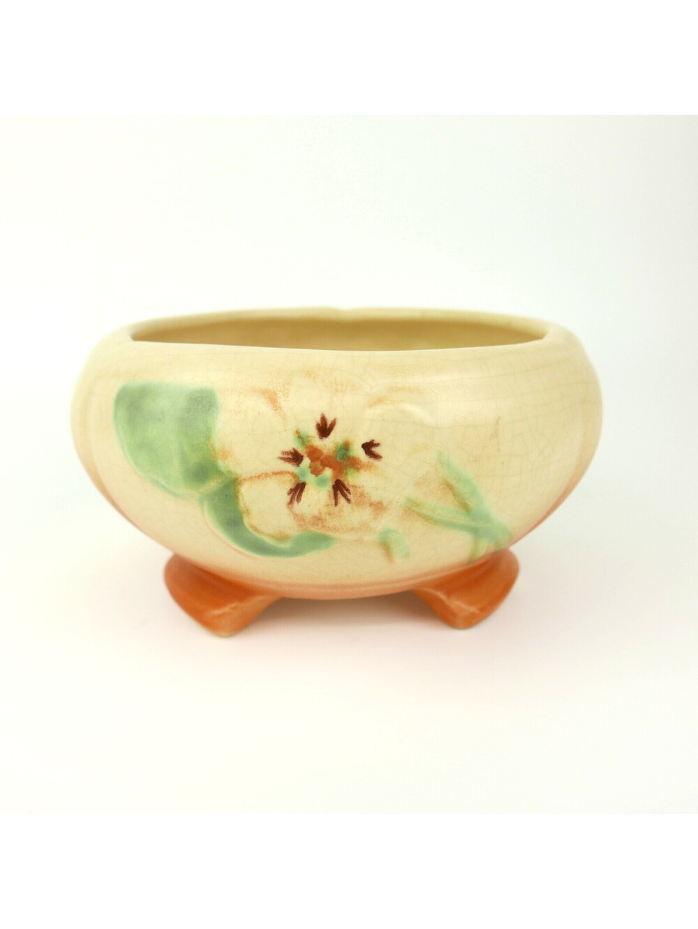 Vintage Weller Pottery Panella 3 Footed Rose Bowl Planter Pansy Floral Yellow